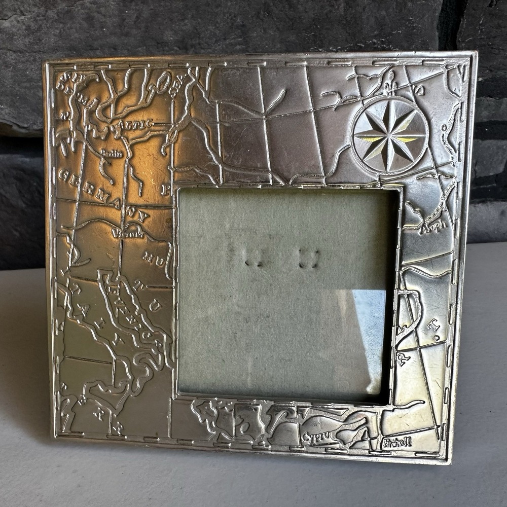 Vintage 90s Carr 3X3 Silver Metal Photo Picture Frame Old World Map Travel EUC